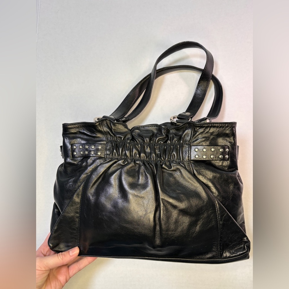 SOLD Alfani Black Leather Shoulder Bag Silver Rings Studded Grommet Hardware Y2K - Picture 2 of 7